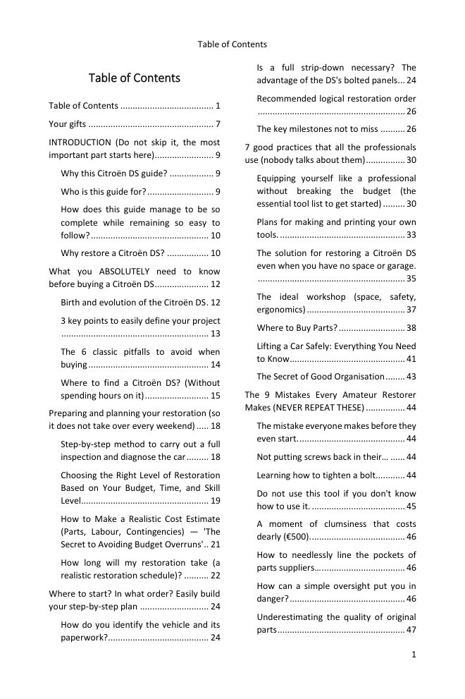 Table of contents (1/5): everything the guide covers